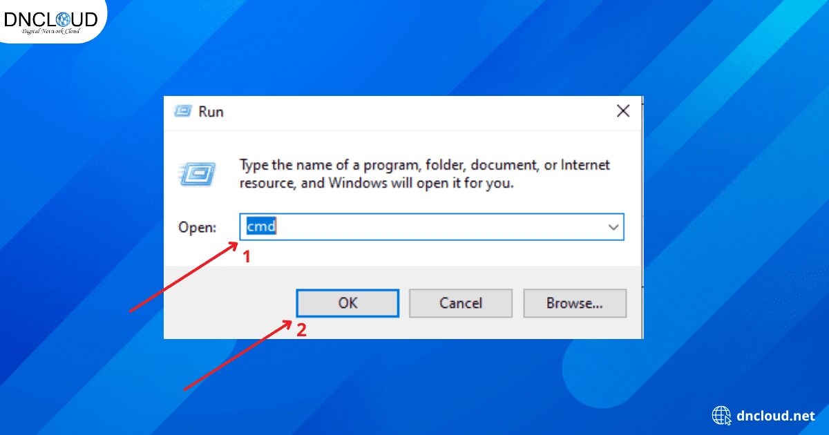 Nhấn tổ hợp phím Windows + R, sau đó nhập cmd và nhấn Enter.