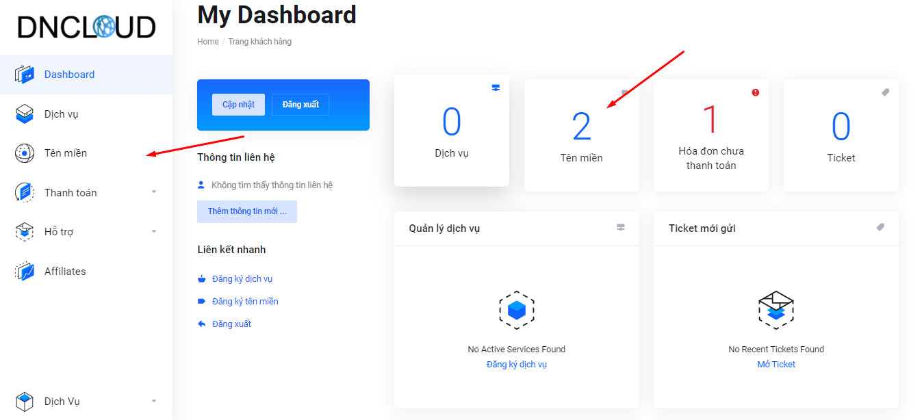 Trang quản lý dịch vụ DNCLOUD
