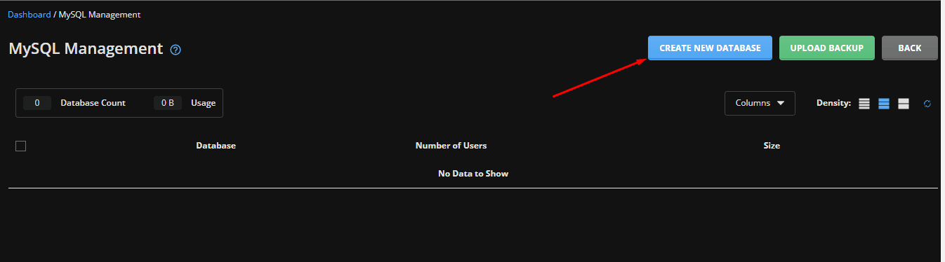 nhấn nút create new database