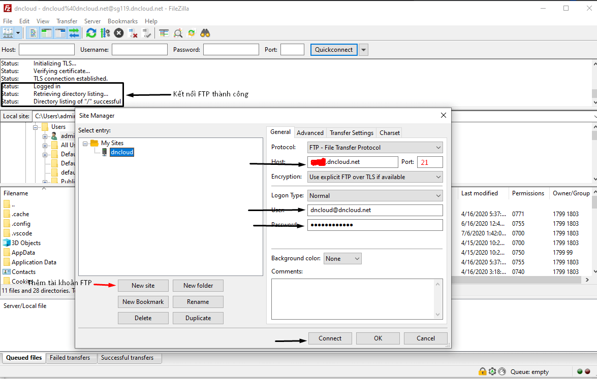 Tạo tài khoản FTP để upload trong cPanel 8 đăng nhập vào filezilla