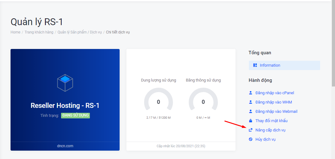 nhấp vào nút nâng cấp dịch vụ