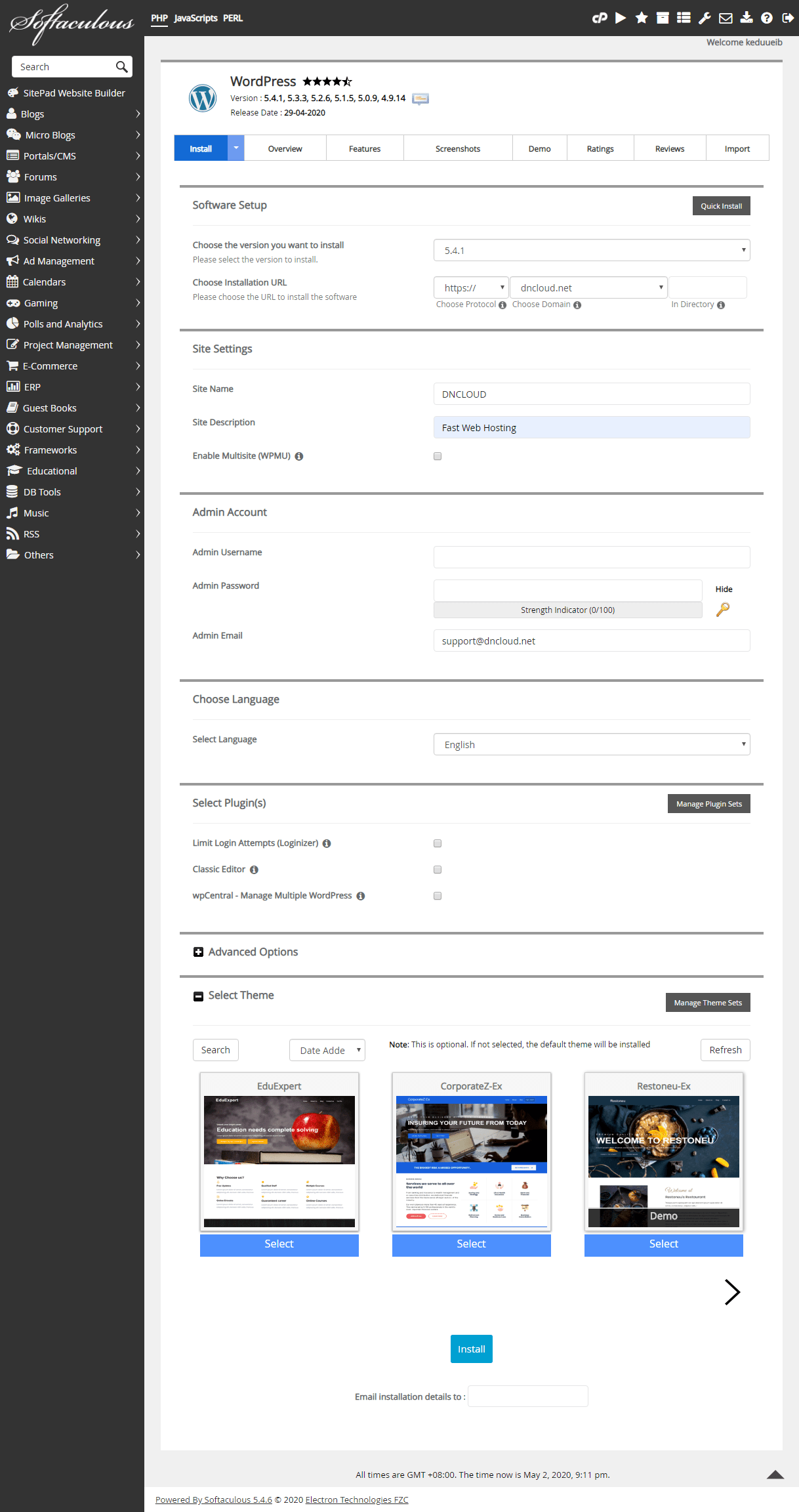 Cài đặt nhanh WordPress chỉ 1 cú nhấp chuột với Softaculous 8 wp sof 1