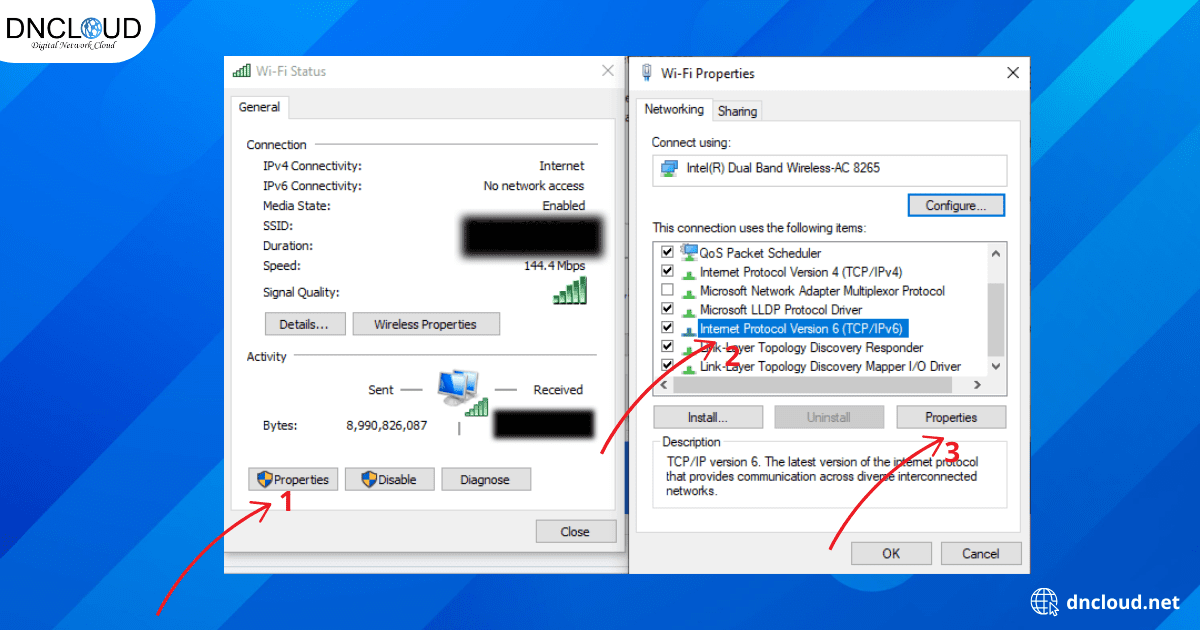 Trong cửa sổ Properties, chọn nternet Protocol Version 6 (TCP/IPv6), rồi nhấn Properties.