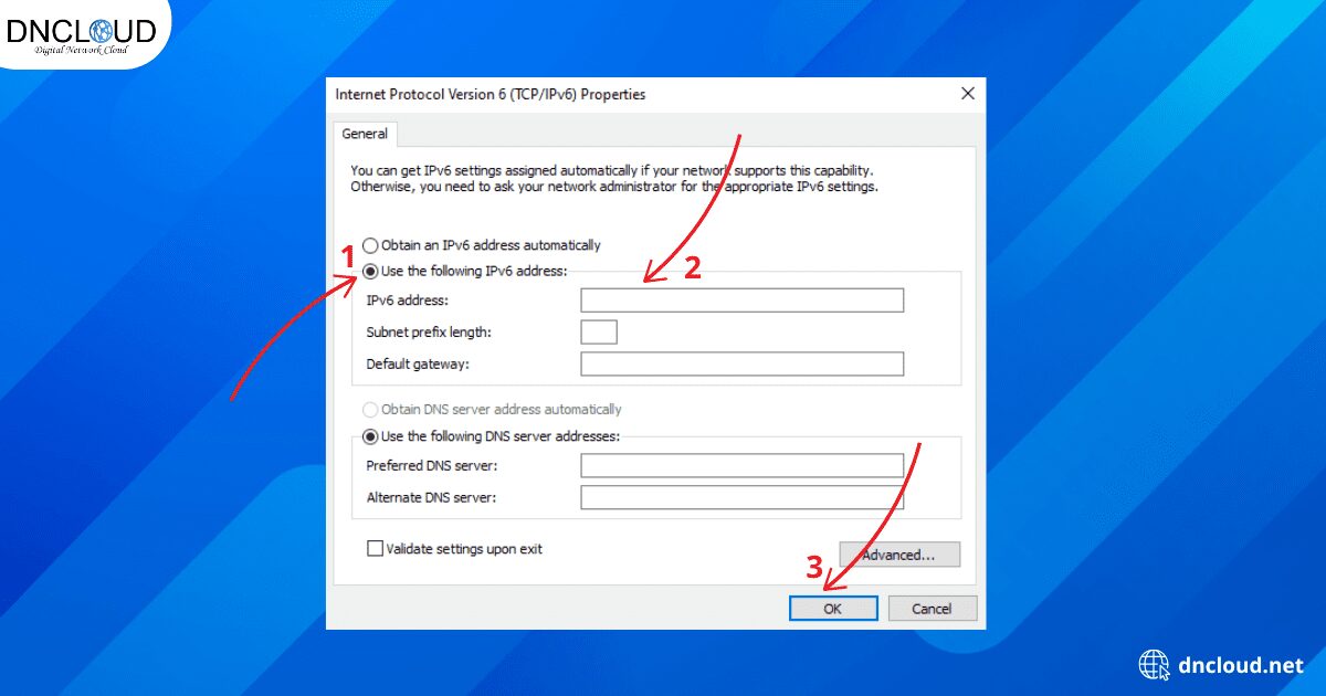 Nhập địa chỉ IPv6, Subnet prefix length và Default gateway (nếu có).Nhấn OK để lưu cấu hình.