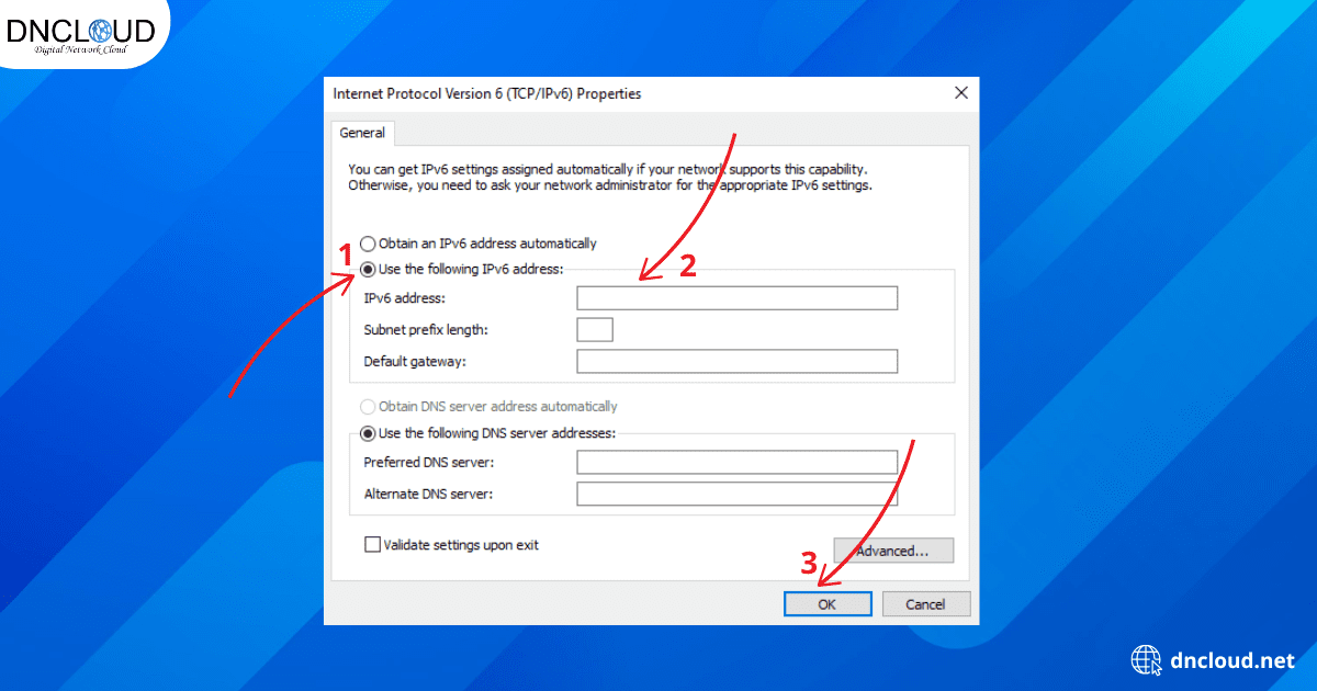 Nhập địa chỉ IPv6, Subnet prefix length và Default gateway (nếu có).Nhấn OK để lưu cấu hình.