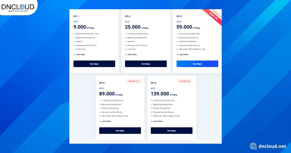 Bảng giá dịch vụ hosting tại DNCLOUD